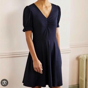 Boden Midnight Blue Dress Ruffle V Neck‎ Rouche Ruffle Sleeve feminine Soft 14 L